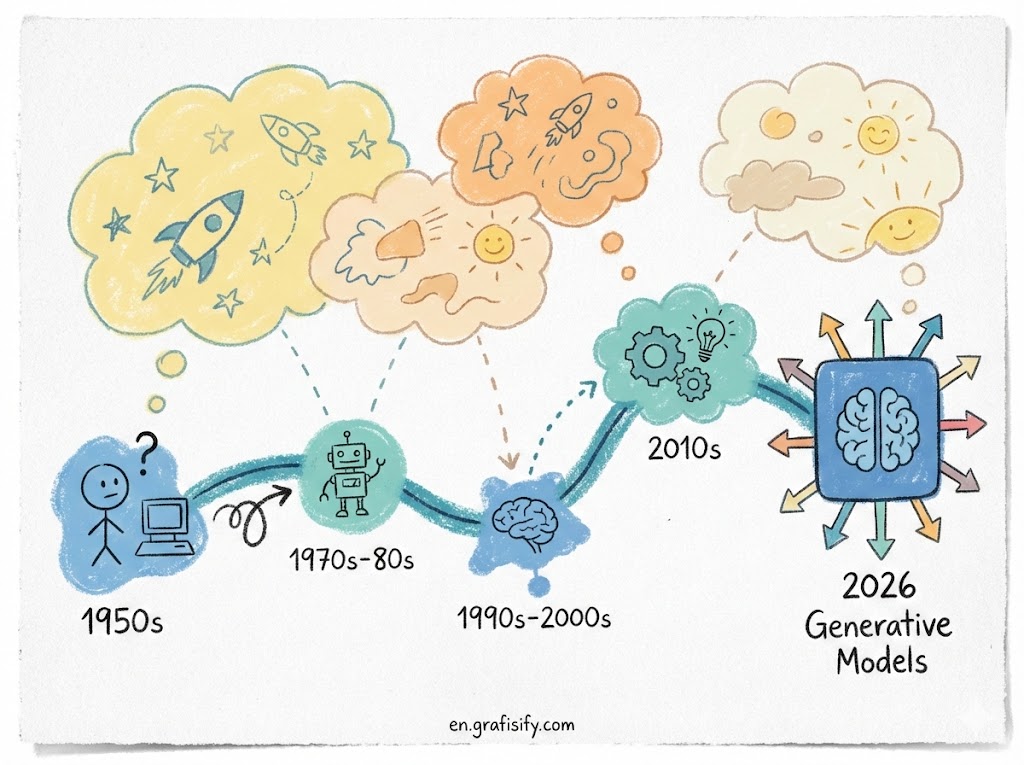 Diagram showing the timeline of AI from 1950s Turing Test to 2026 Generative Models