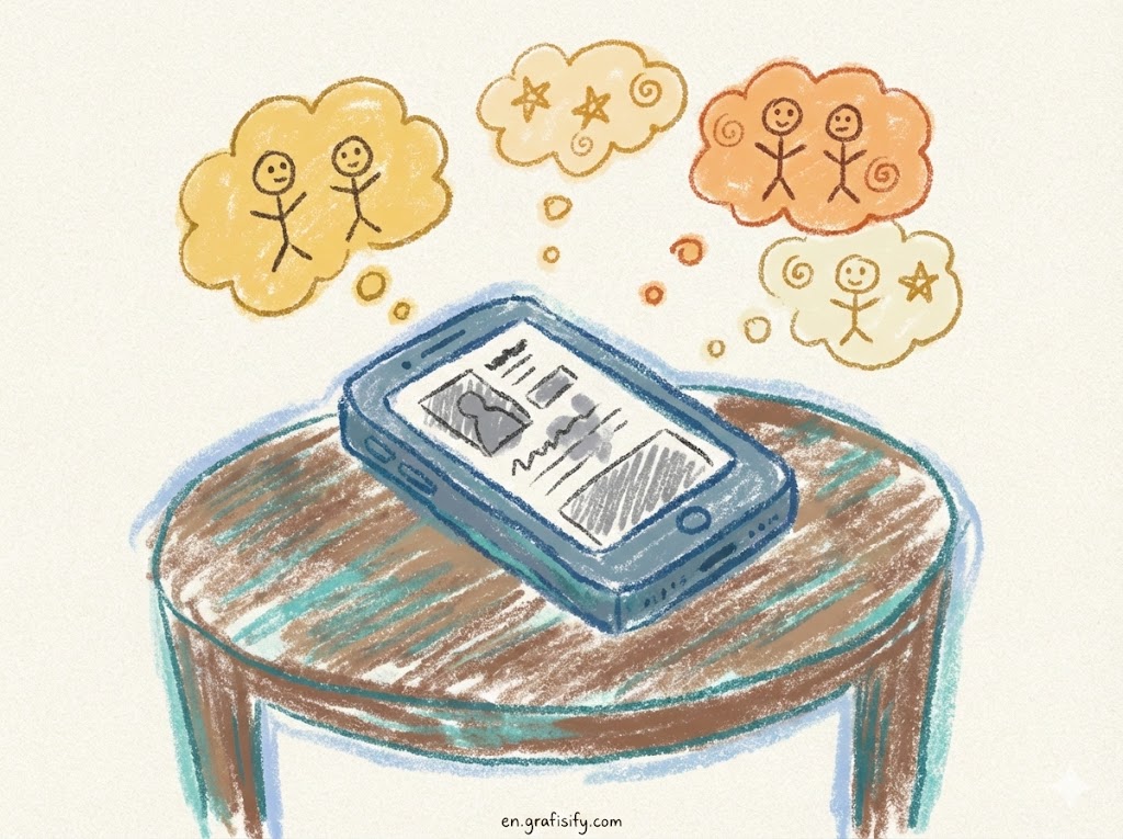 A smartphone screen set to grayscale mode resting on a wooden table