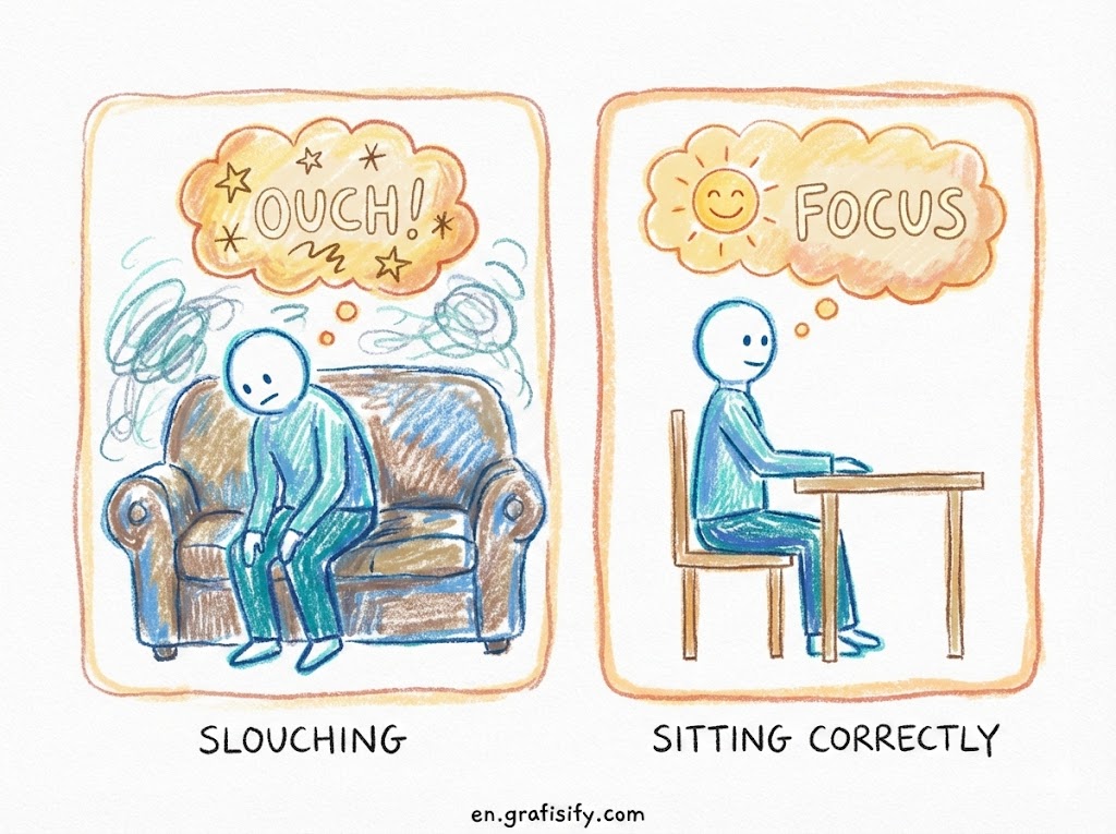 Comparison graphic showing a person slouching on a couch versus sitting correctly at a desk