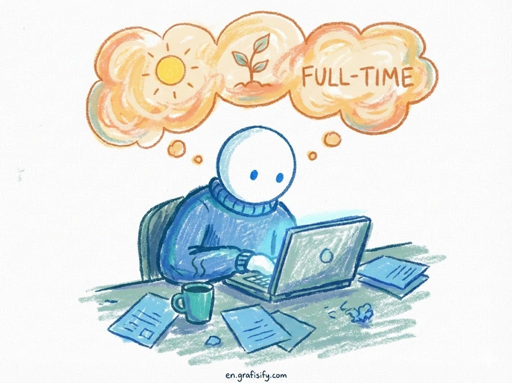A freelance creative working on a laptop late at night while transitioning from side hustle to full-time