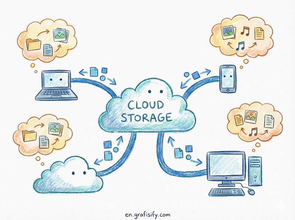 Illustration of cloud storage servers and data synchronization across devices