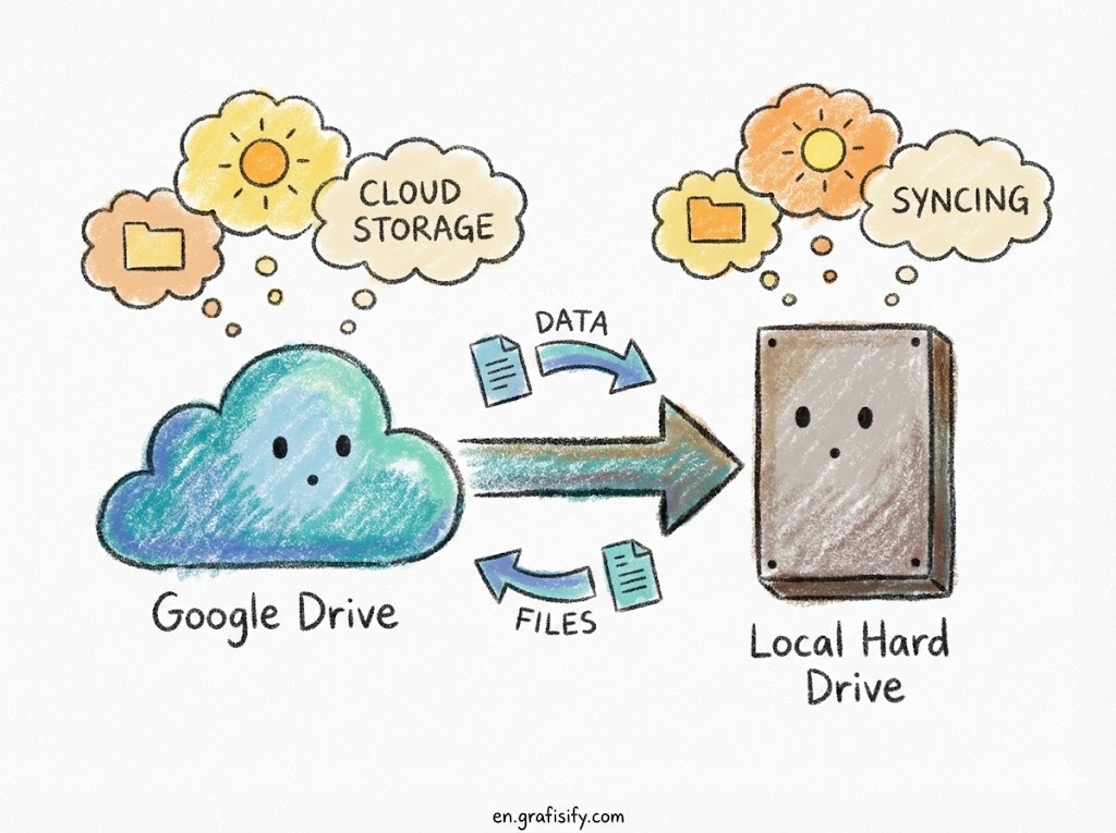 Diagram of a hybrid cloud workflow showing data moving between Google Drive and a local hard drive