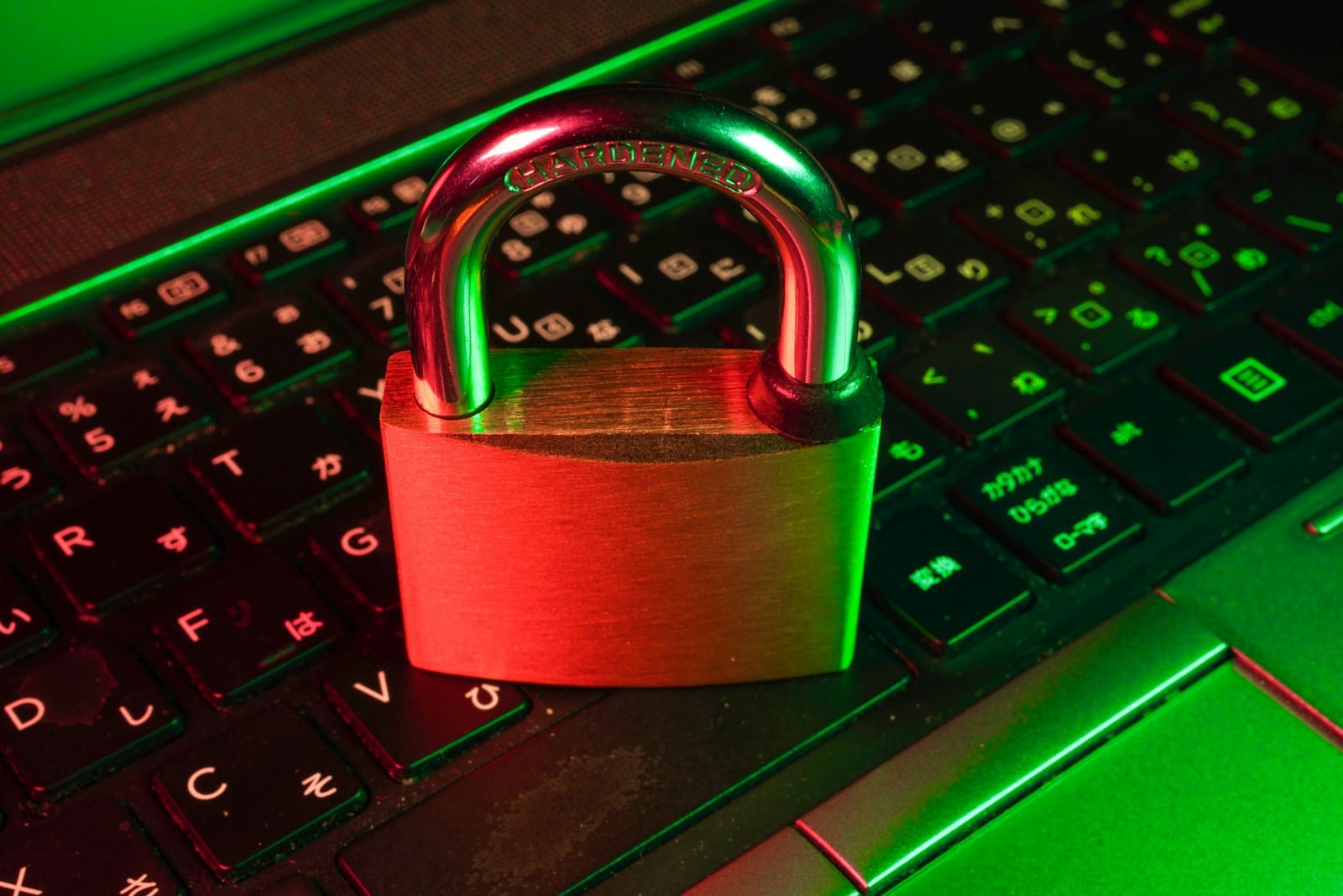 Cybersecurity concept showing red padlock on black keyboard representing data protection and online security