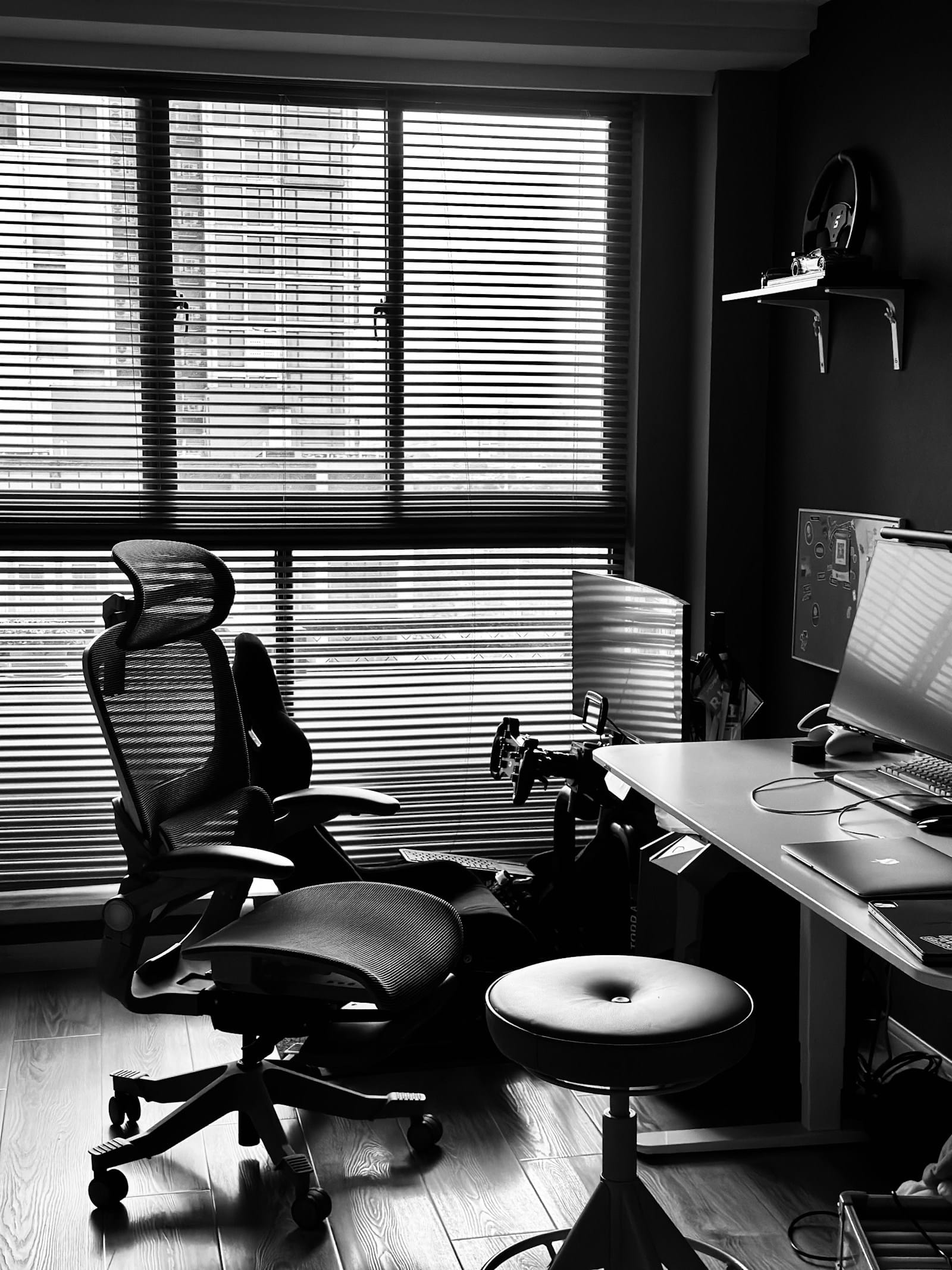 Ergonomic chair and desk setup for freelancer home office
