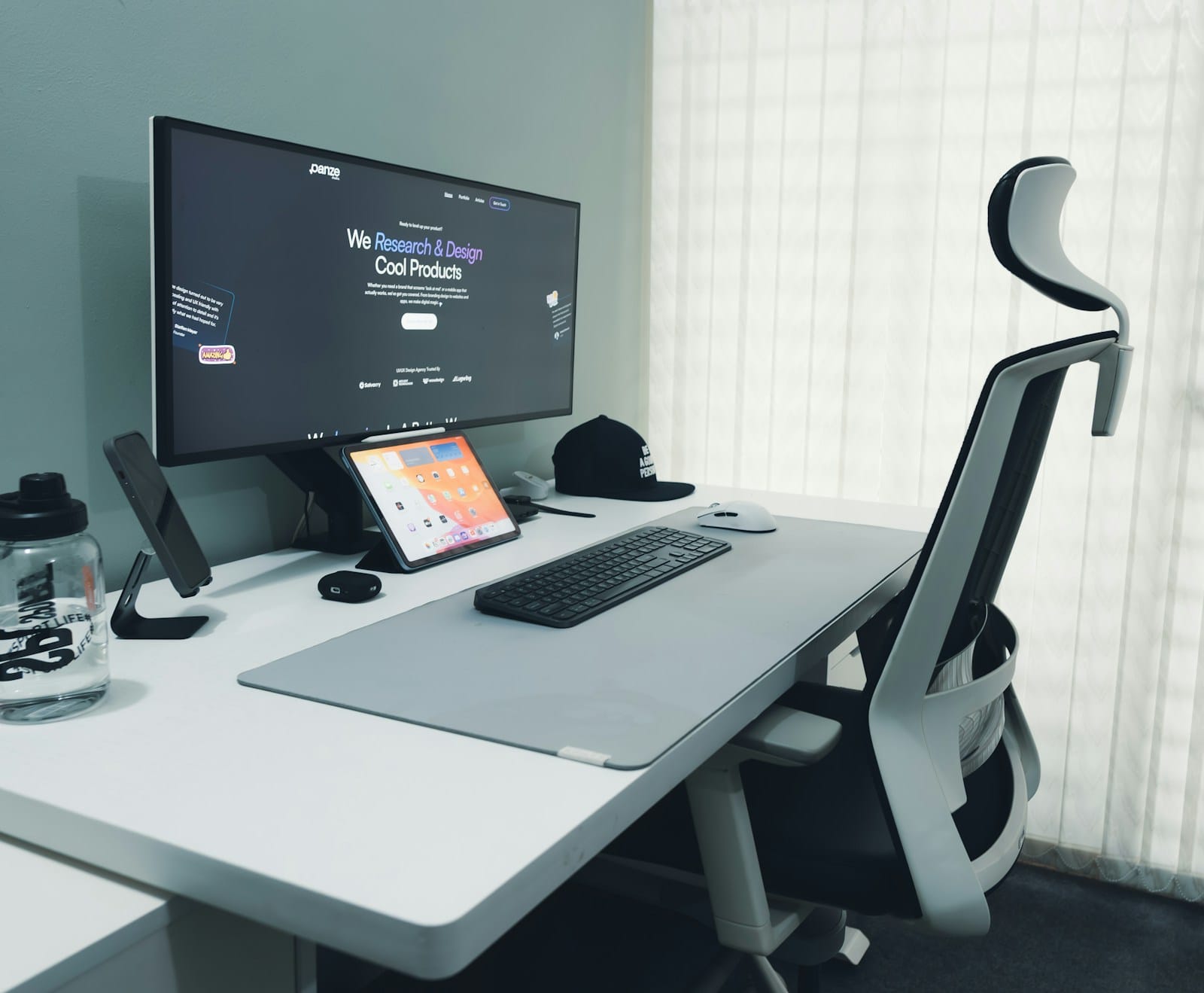 Freelancer ergonomic home office setup with desk and monitor
